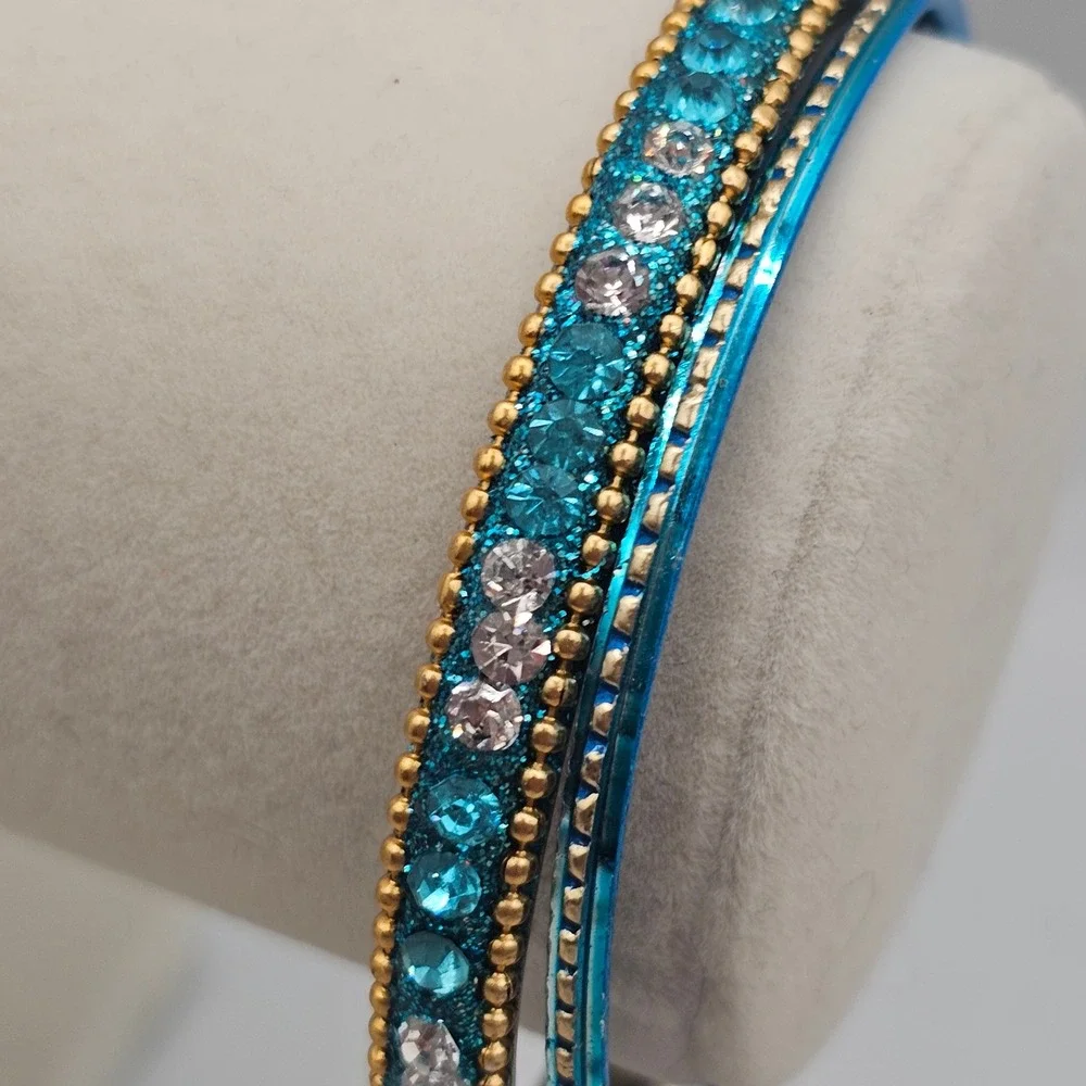 Rhinestone Bangle Bracelet + 1 Accent Bangle 2 Stackable Blue Teal Gold Tone